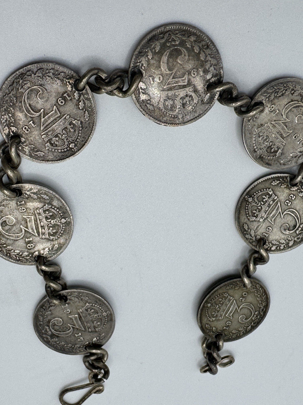 Antiqued GREAT BRITAIN QUEEN VICTORIA GEORGE V Three Pence STERLING BRACELET 7
