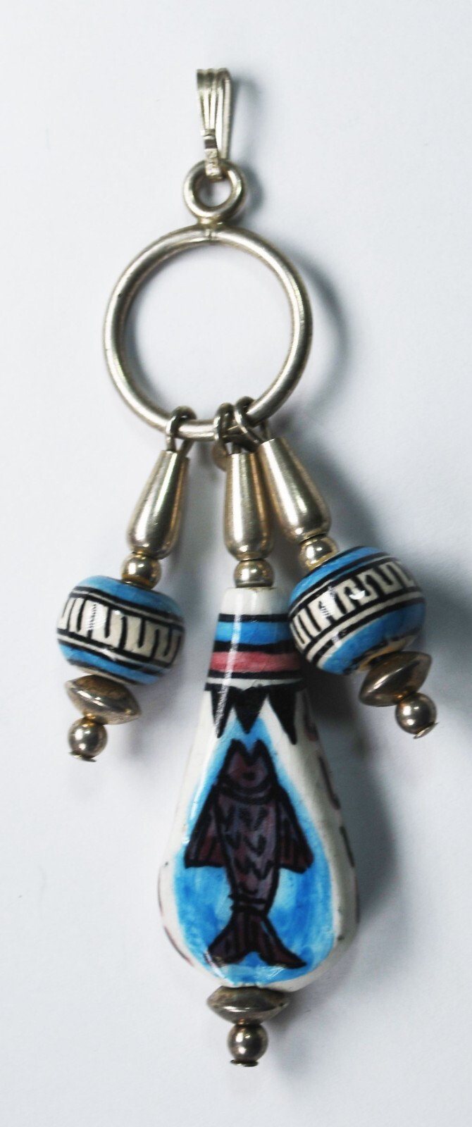 Sterling Silver Ceramic Enamel Fish Blue & White Pendant 2-7/8″ x 24mm