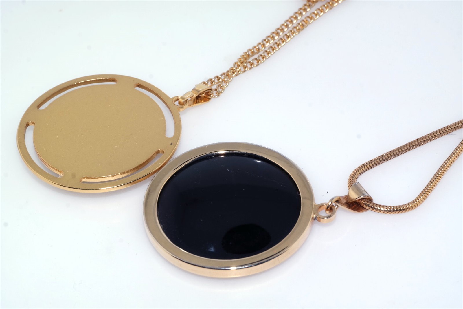 2 Vtg Pendant Necklaces Gold Foil Inlay Damascene & Gold Foil Black Lucite
