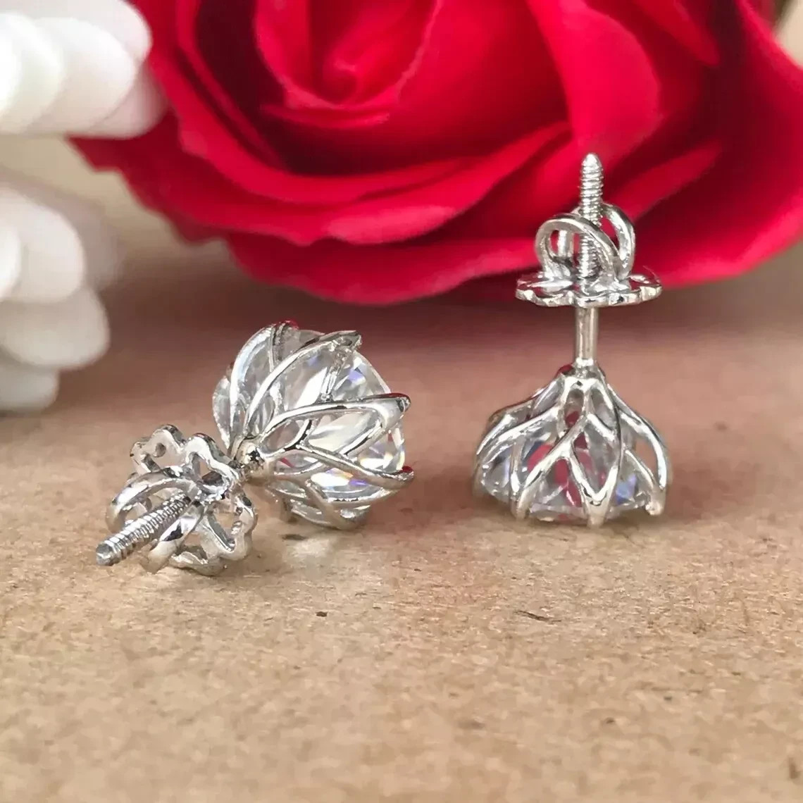 RARE 12.00 Ct Certified Treated White Diamond Studs- Great Sparkle-925 Silver