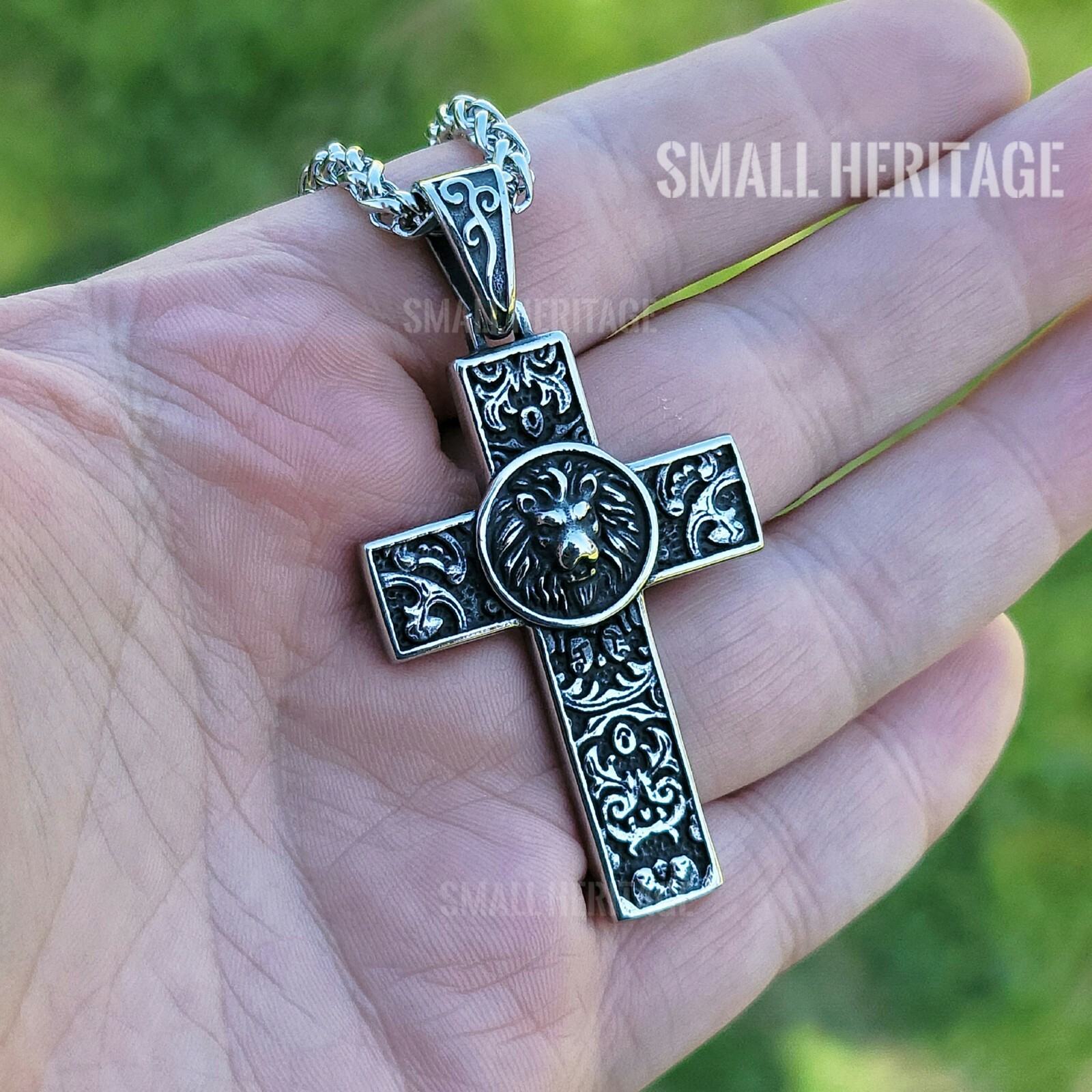 Stainless Steel Lion Cross Necklace Christian Pendant Medieval Style Men Women