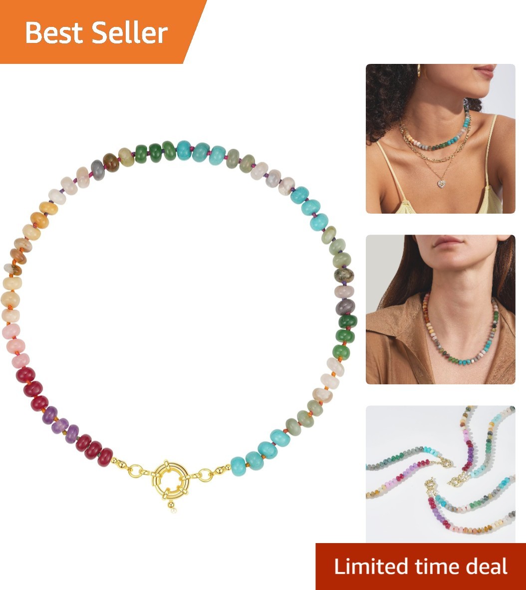 Unique Rainbow Beaded Necklace 17” – Handmade Natural Stone Choker for Summer