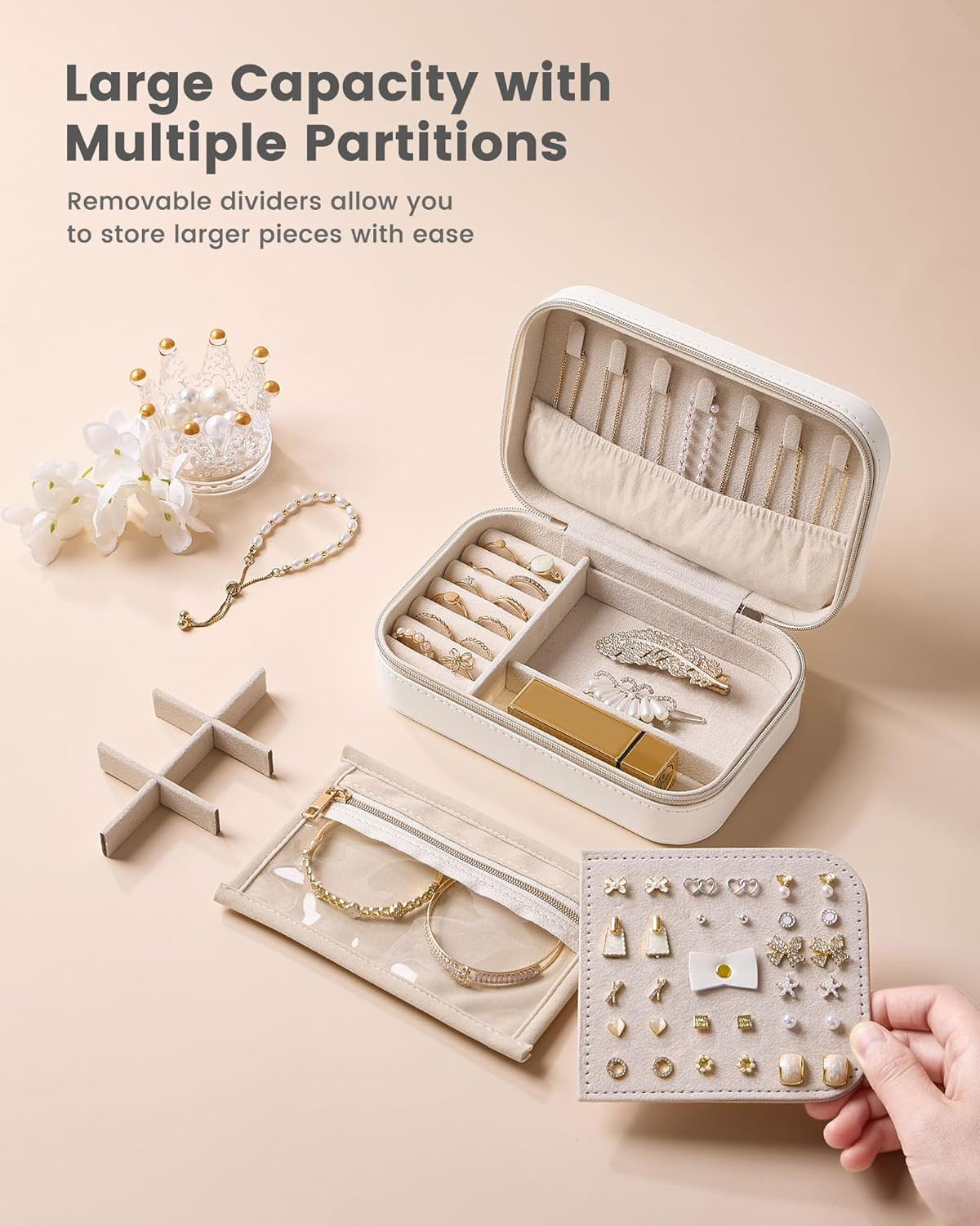 Travel Jewelry Case for Women, Portable Jewelry Organizer Box with Clear Bag Bei
