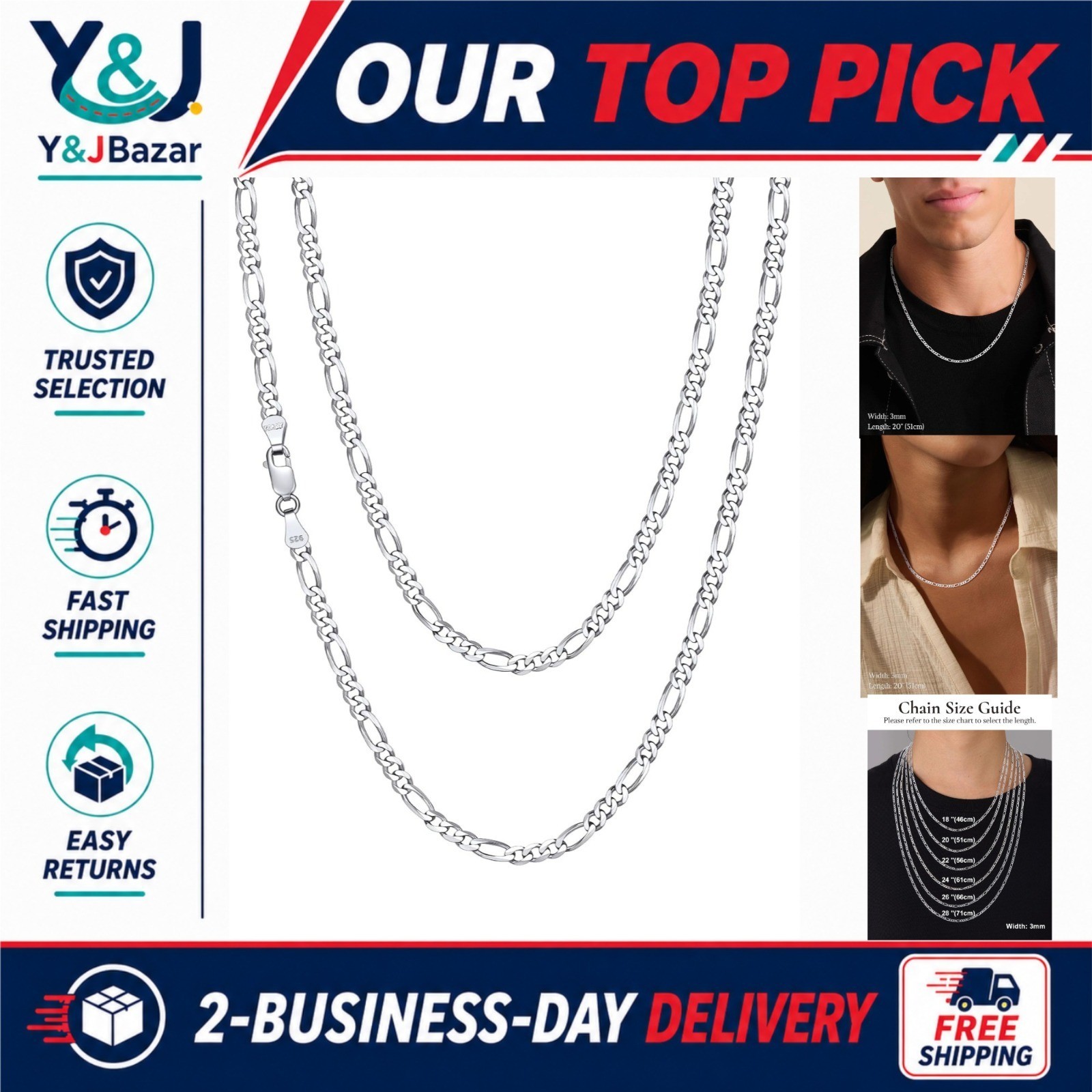 SILVERCUTE 925 Sterling Silver Figaro Chain Necklace 3mm 18in