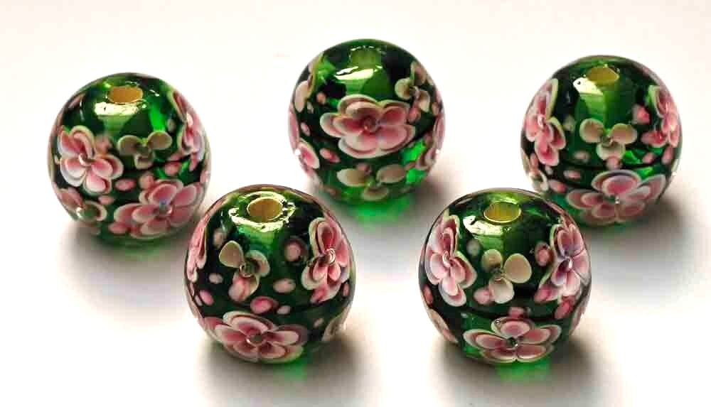 10pcs handmade Lampwork glass beads glass Pink plum flower round on Green 14mm