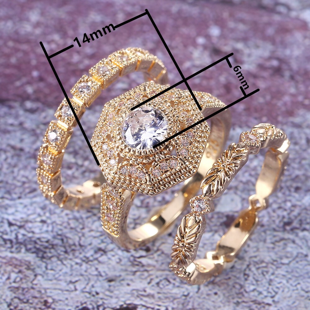 Gold Plated Geometric Vintage Ring Set 2Ct CZ Wedding Trio Set Couple Gifts Band