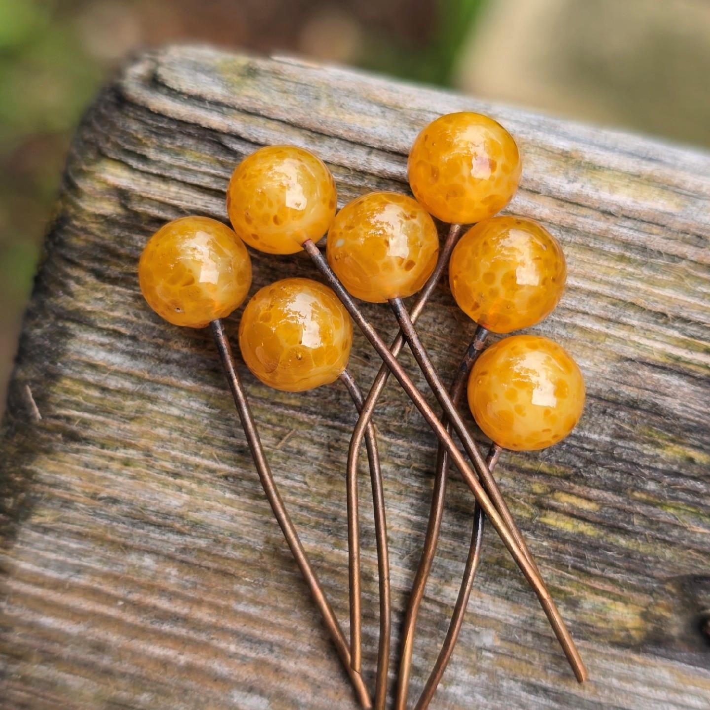 7 Vintage Honey Marigold Mottled Art Glass Embedded Wire Beads Drops Dangles