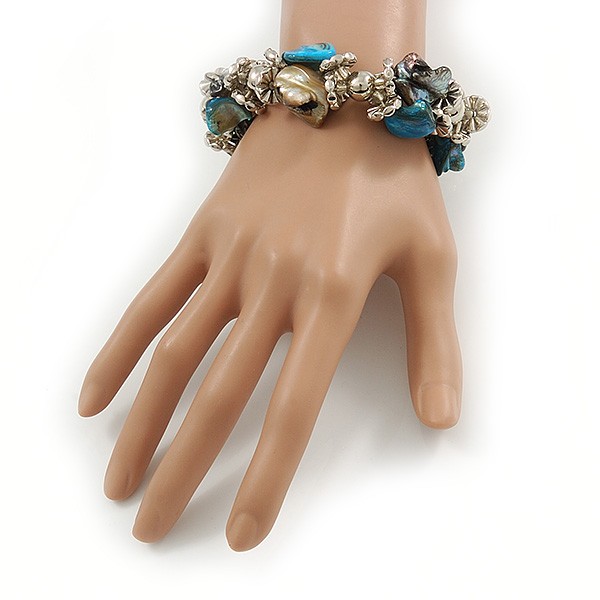Blue/ Natural Sea Shell Silver Tone Acrylic Bead Flex Bracelet – 18cm L