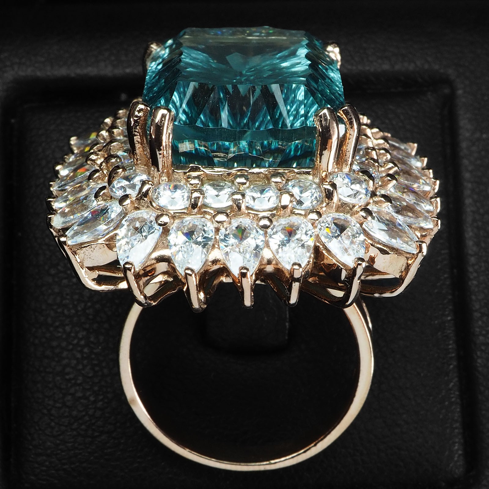Concave Sky Blue Aquamarine 23.10Ct 925 Sterling Silver Rose Gold Rings Size 7