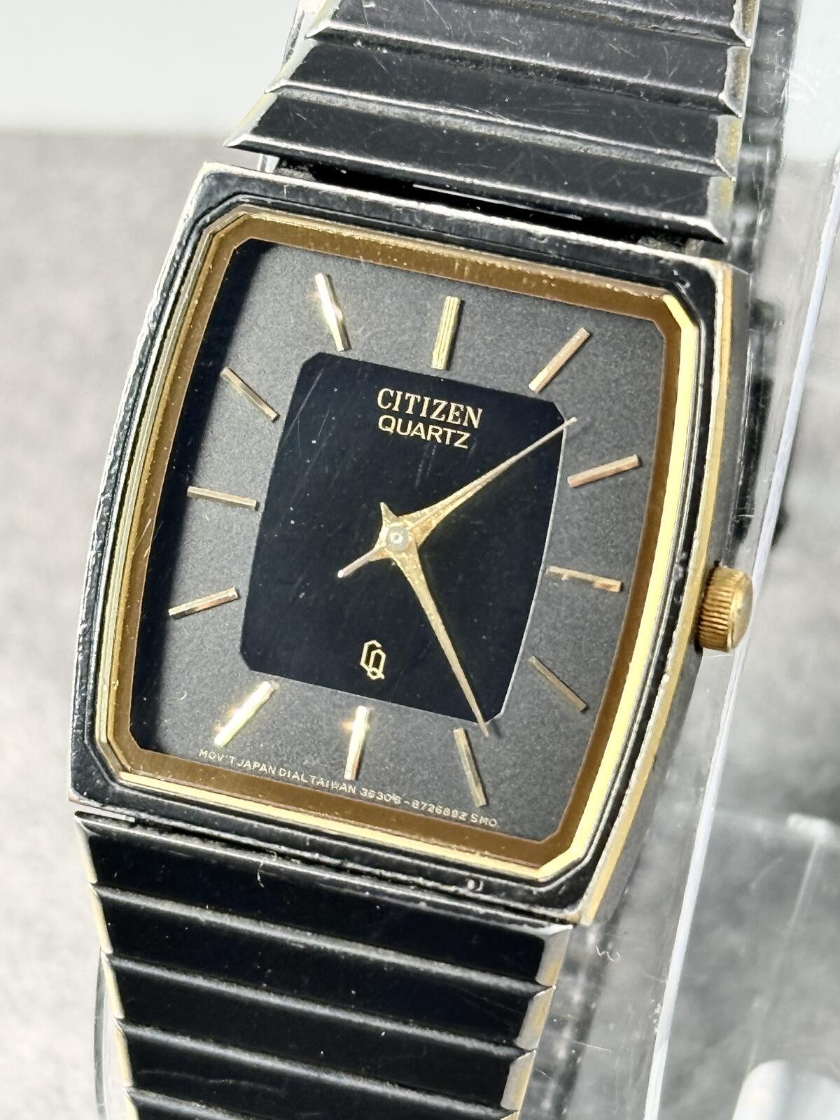 Vintage Citizen Quartz 3630-891309 Black Gold 26mm Tank Watch New Battery