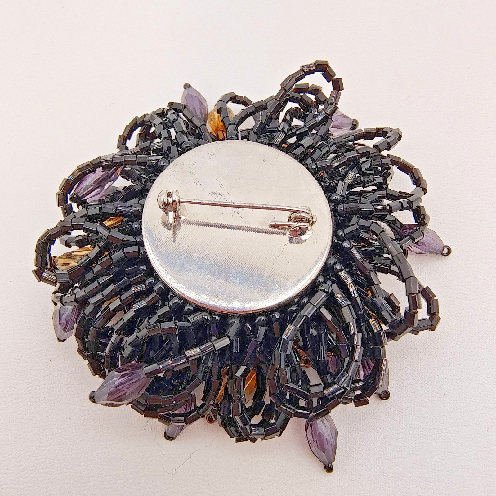 Beaded Flower Brooch Brown Black Boho Glam Maximalist Style Fashion Large
