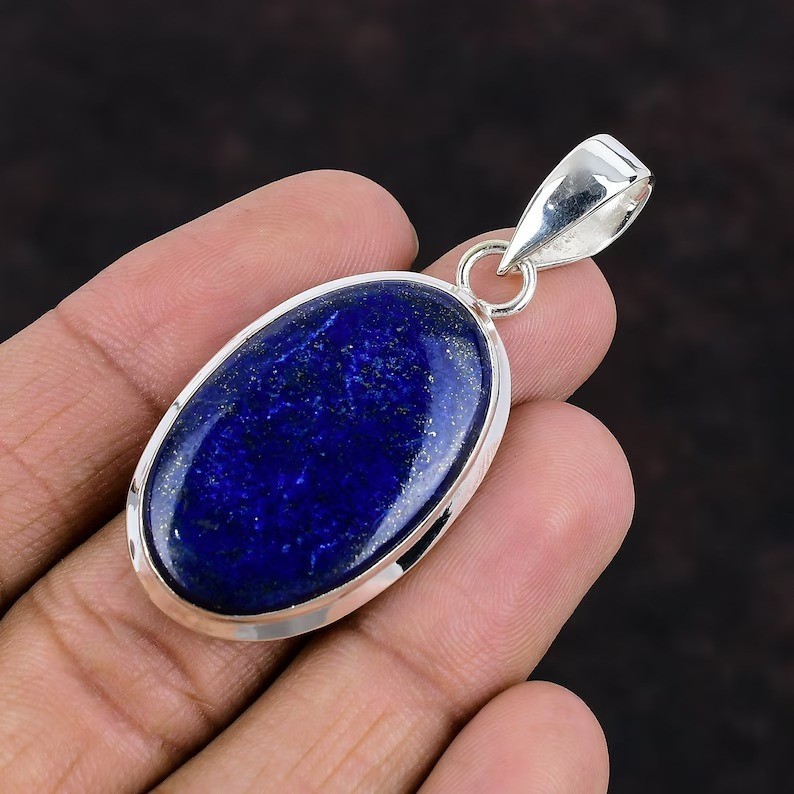 Natural Lapis Lazuli Oval Gemstone Pendant 925 Sterling Silver Handmade Jewelry