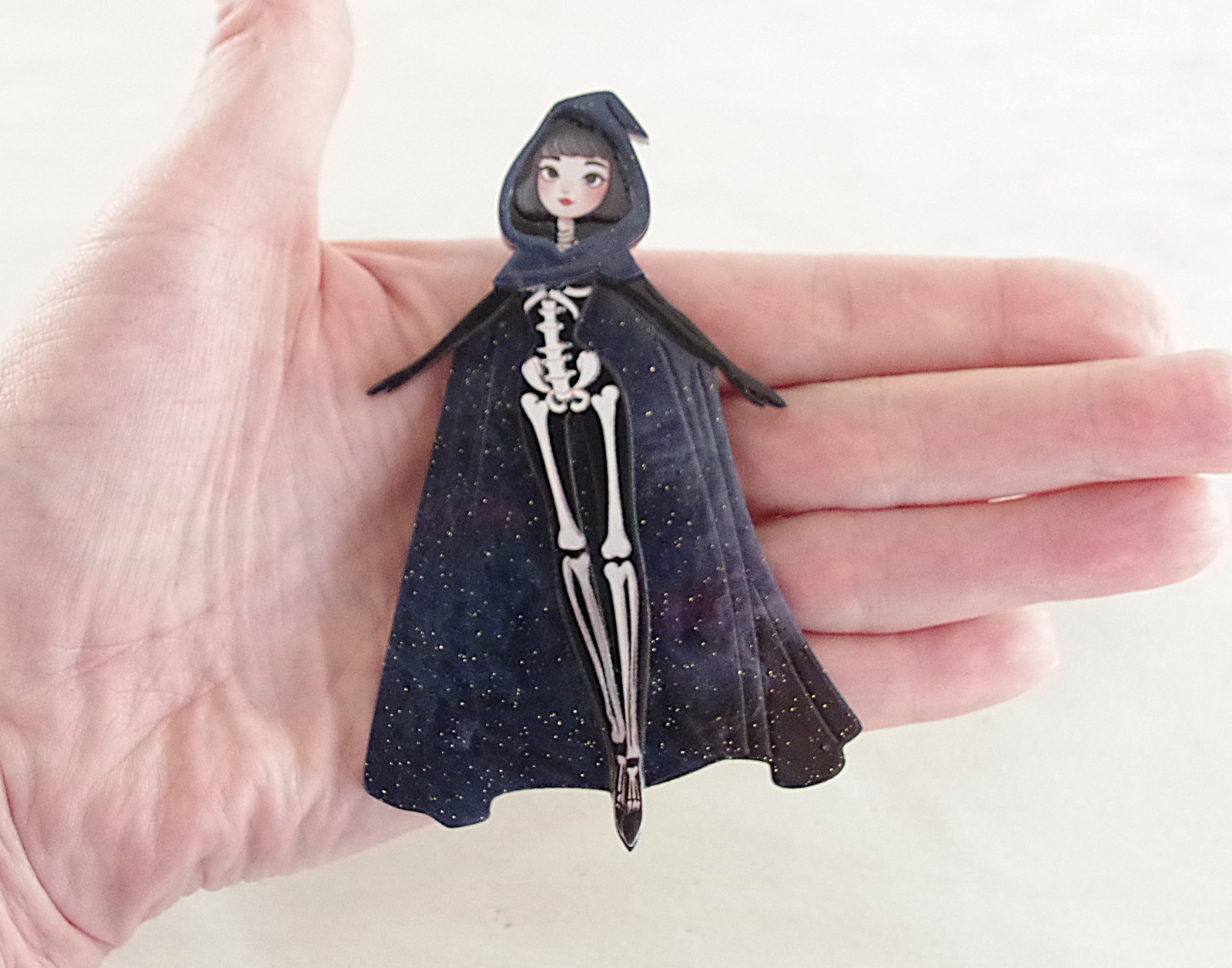 3.75″ NEW SKELETON ZOMBIE GOTH GIRL IN CAPE HALLOWEEN LAYERED ACRYLIC BROOCH PIN