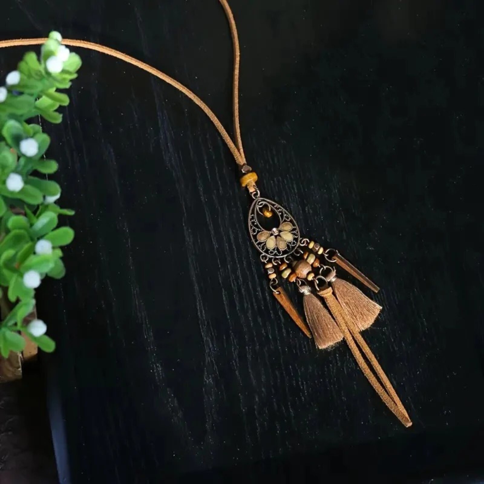 Rustic Antique Copper Enamel Tassel Pendant Vegan Suede Long Boho Necklace