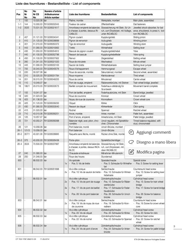 ETA 7001 (Peseux 7001) New Spare Parts