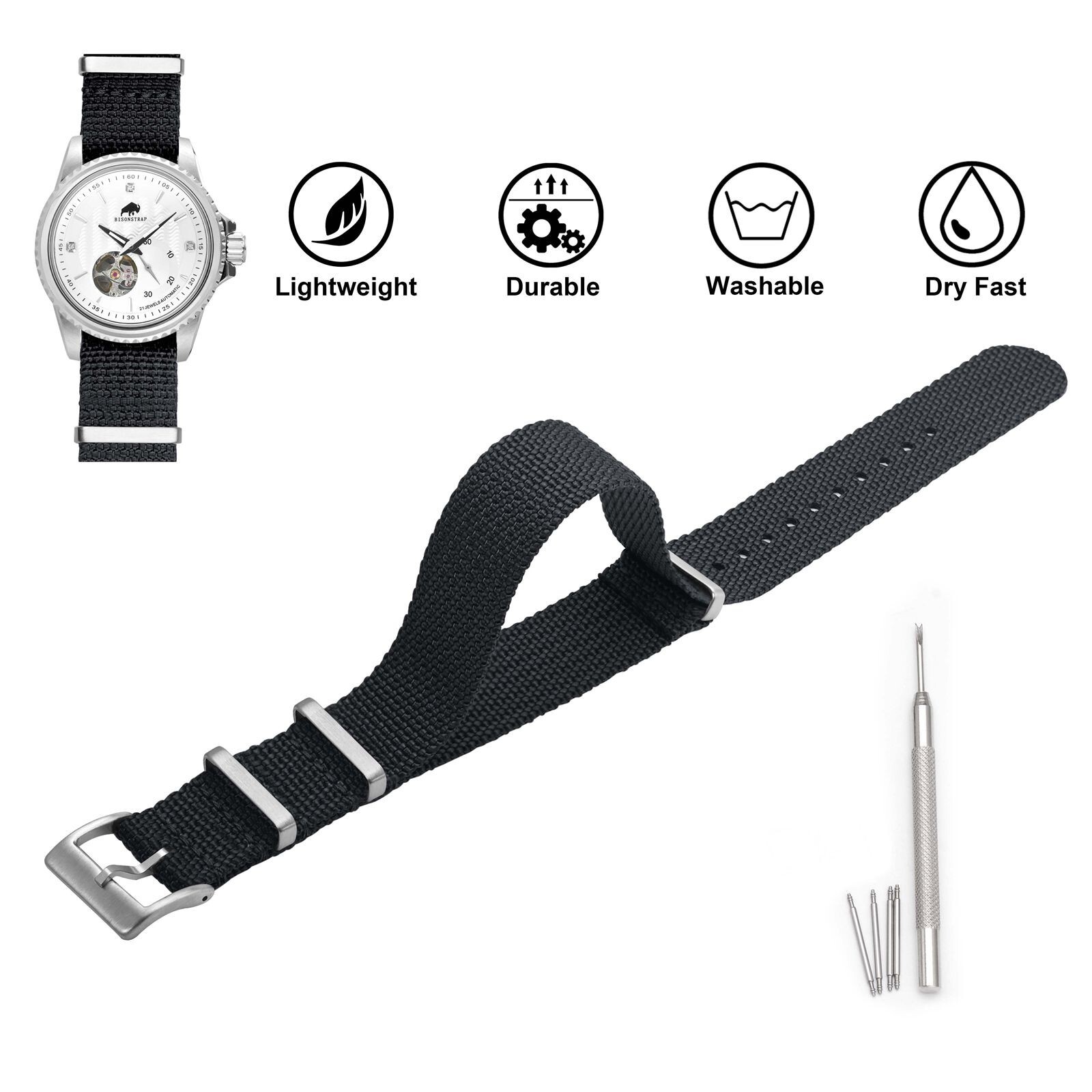 BISONSTRAP Nylon Watch Band One Pieces Watch Strap 18mm 20mm 22mm Breatheble
