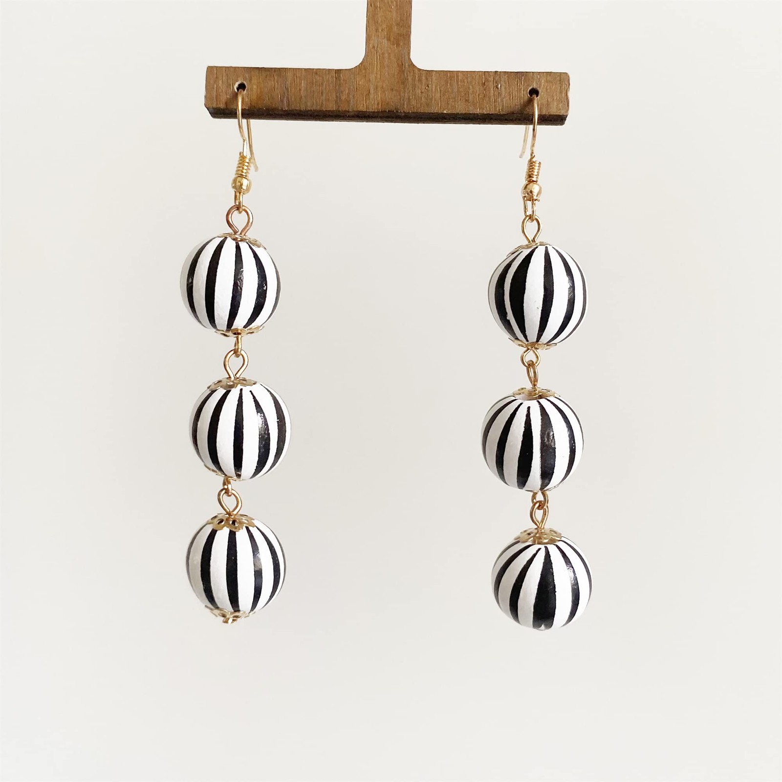 Unique Handmade Lightweight Long Three Nature Wooden Beaded Ball Dangle Drop …