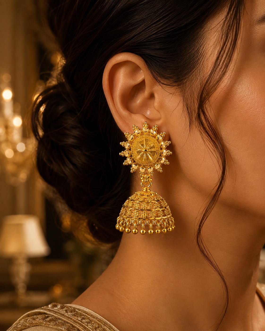 18k Gold Plated Jhumka Earrings, Brass, Art Deco Style,