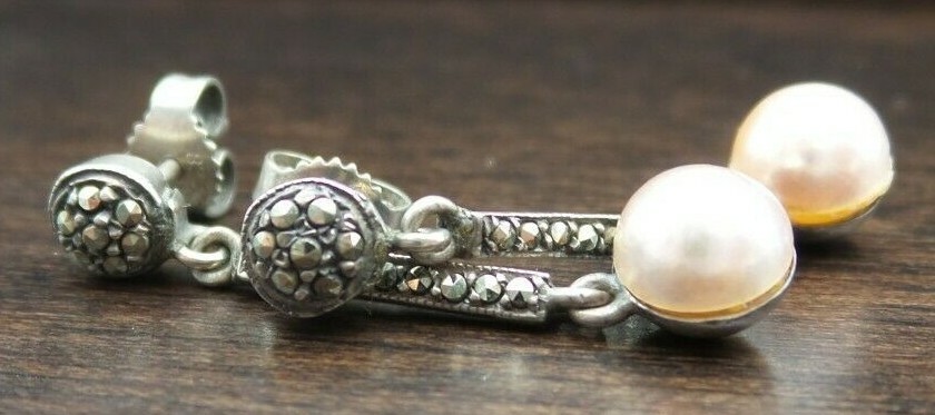 Vintage Mid-Century European 835 Silver, Pearl & Marcasite Dangle Earrings