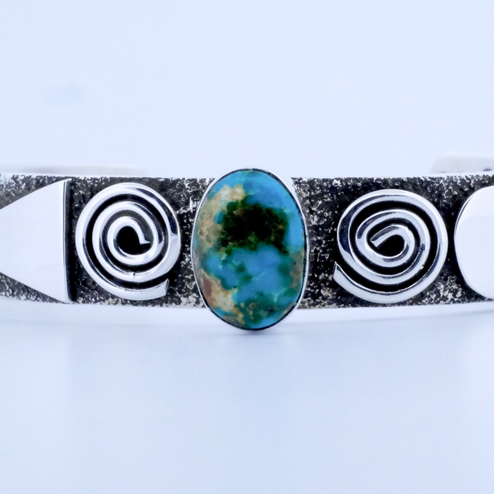 Alex Sanchez Sonoran Gold Turquoise Petroglyph Sterling Silver Navajo Cuff, 1/2”