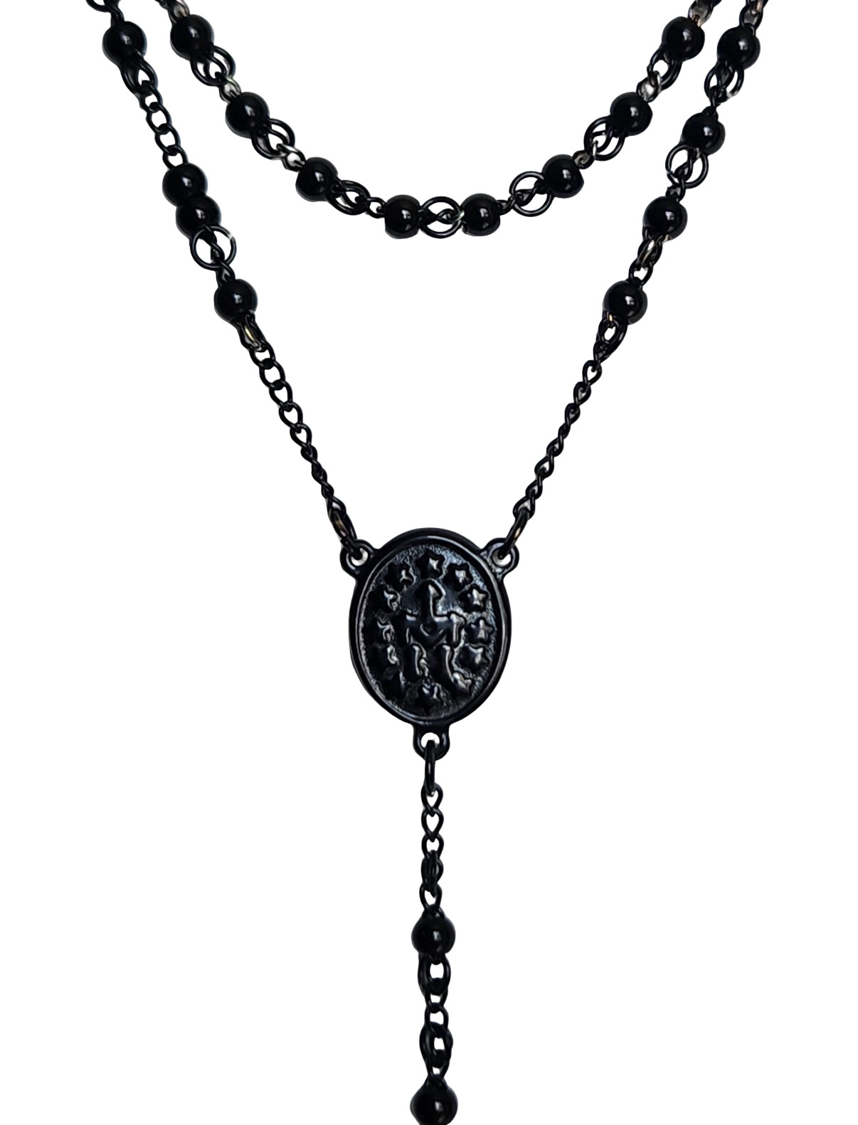 PURE LUX BLACK STAINLESS STEEL ROSARY CROSS NECKLACE – 24″