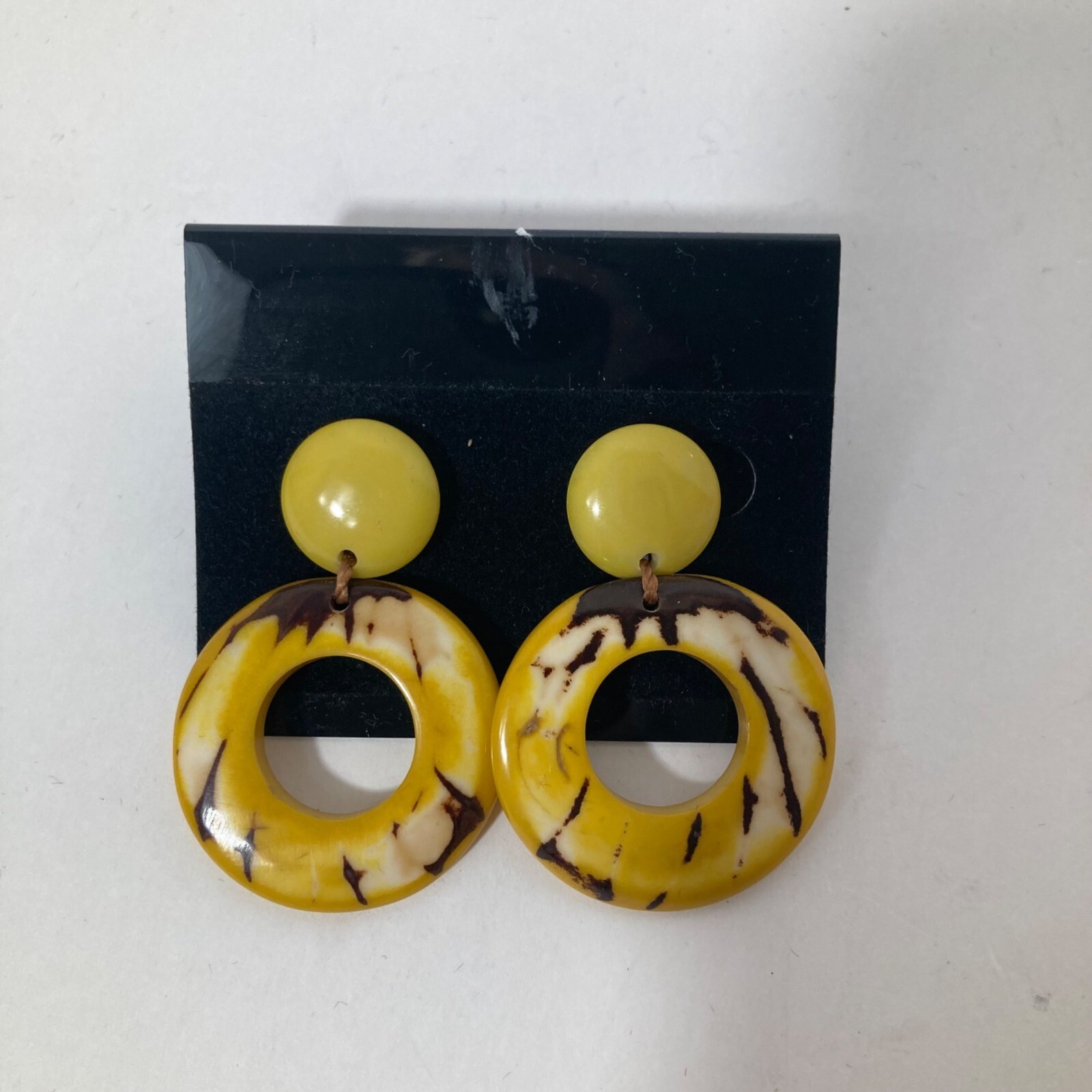 Savannah Tagua Nut Earrings by Soraya Cedeno Yellow Brown Hoops 2″ #1
