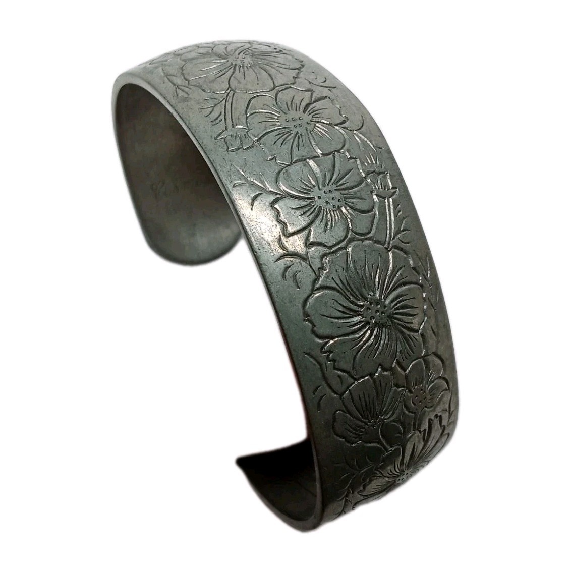 Vintage Kirk Stieff Pewter Cuff Bracelet Flowers Cosmos 900-10 Signed Etched