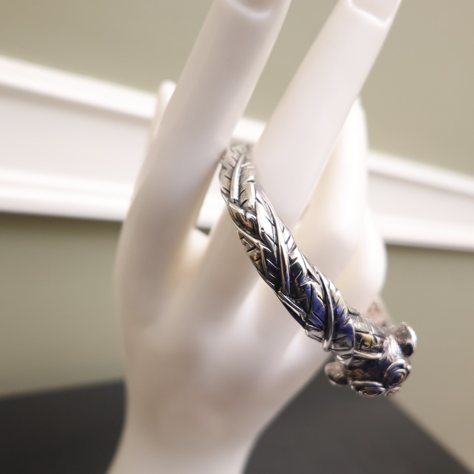 Jai bracelet elephant 925 sterling silver 14K gold hinged cuff garnets Sz 6.75in