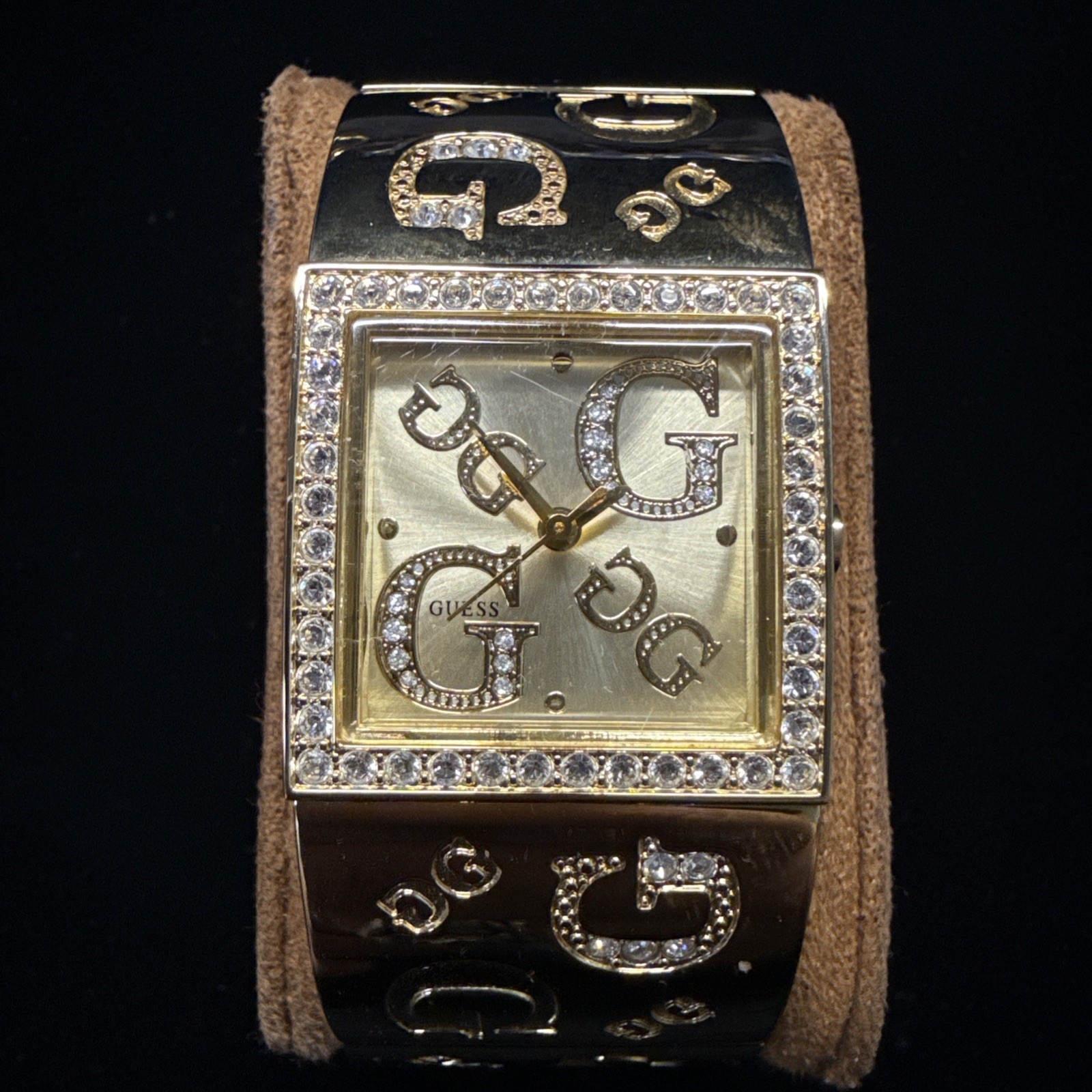 Guess Gold Tone And Rhinestone Logo Womens Watch Statement Piece 6.50 Inches 90s