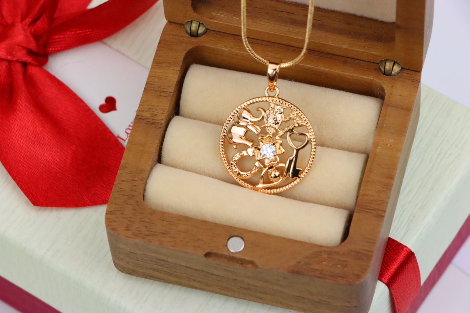 Round Rose Gold Pendant with Religious Motifs and Center Stone, XPPT1442