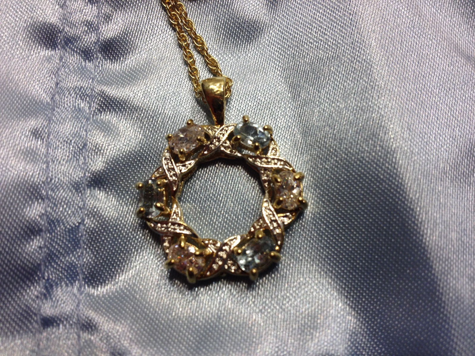 Blue Topaz Clear Crystal Circle Pendant with Goldtone 18″ Chain & Blue Satin Bag
