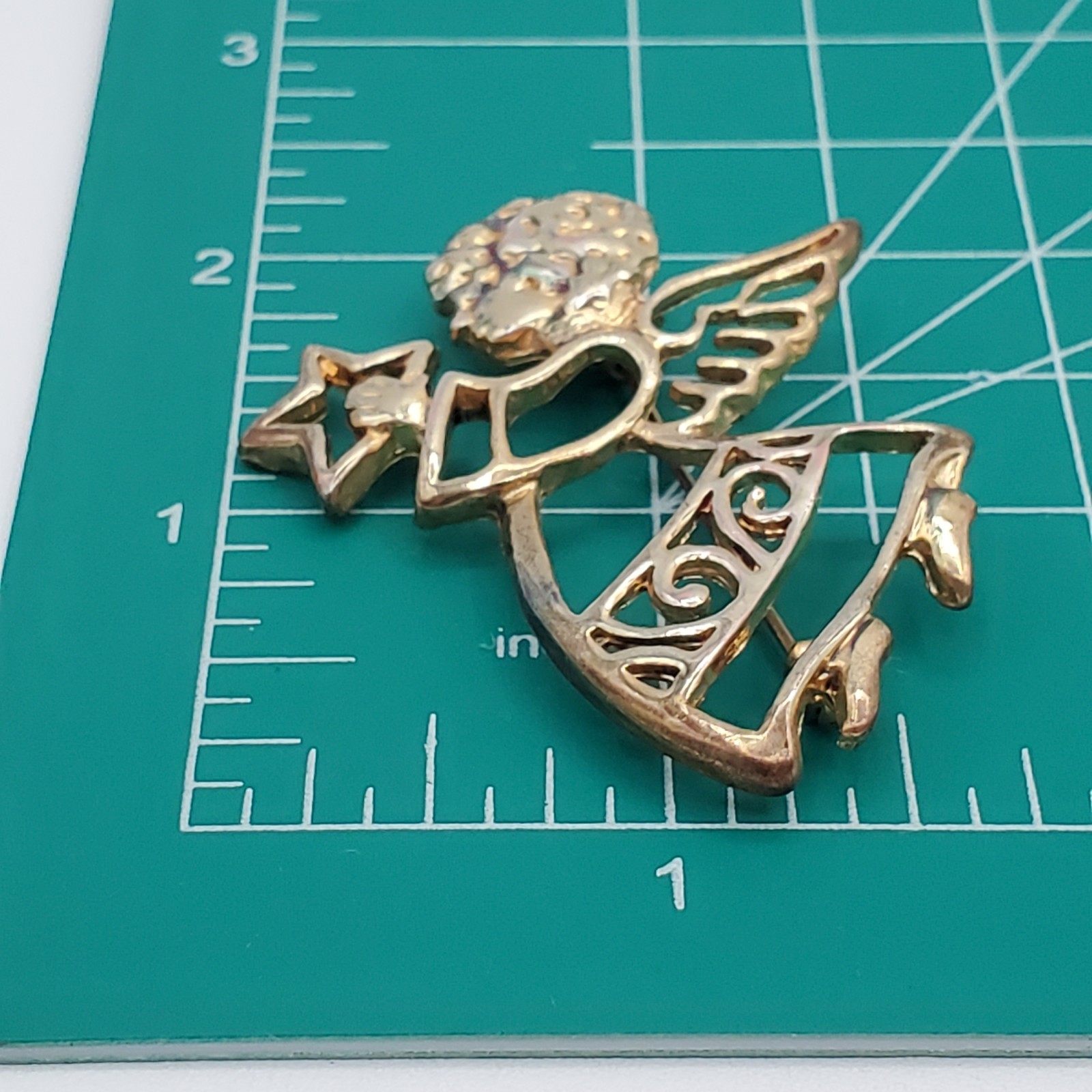 VTG Angel Brooch 2in Gold Tone Angel Star Celestial Open Work Cutout Estate Pin
