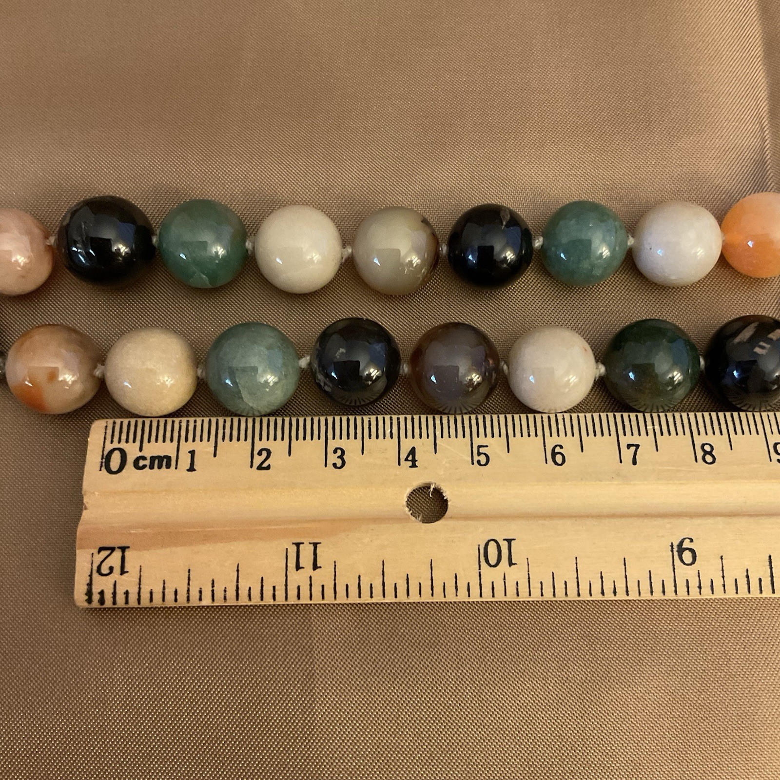 VTG Multicolored Agate Hand Knotted Round Beads Necklace Screw Clasp 22”L, 114g