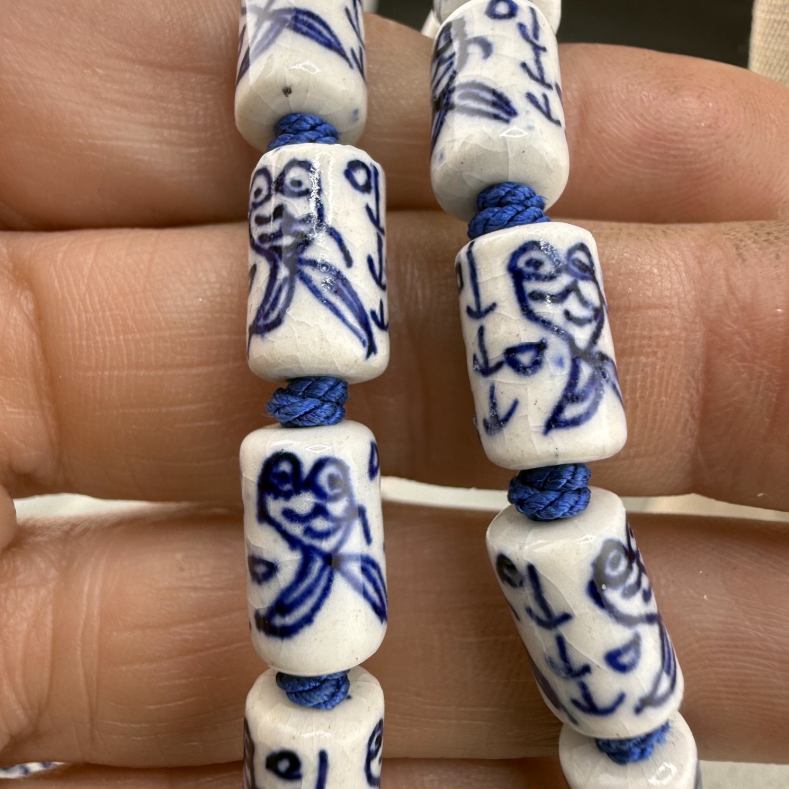 Vintage Chinese Export Blue Necklace Ceramic Beaded 24”