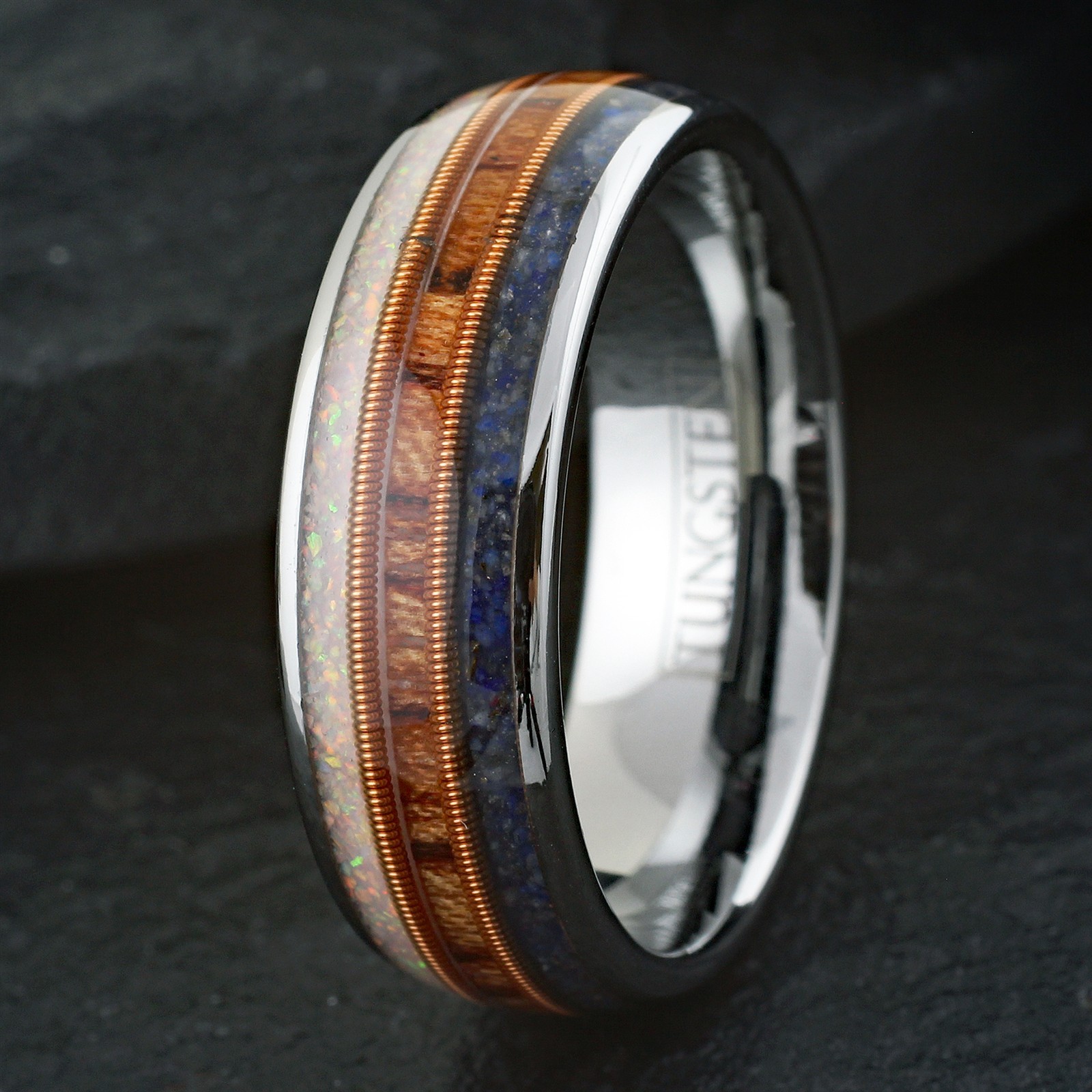 Tungsten Carbide Blue Lapis Rosewood & Opal with Guitar String Wedding Band Ring