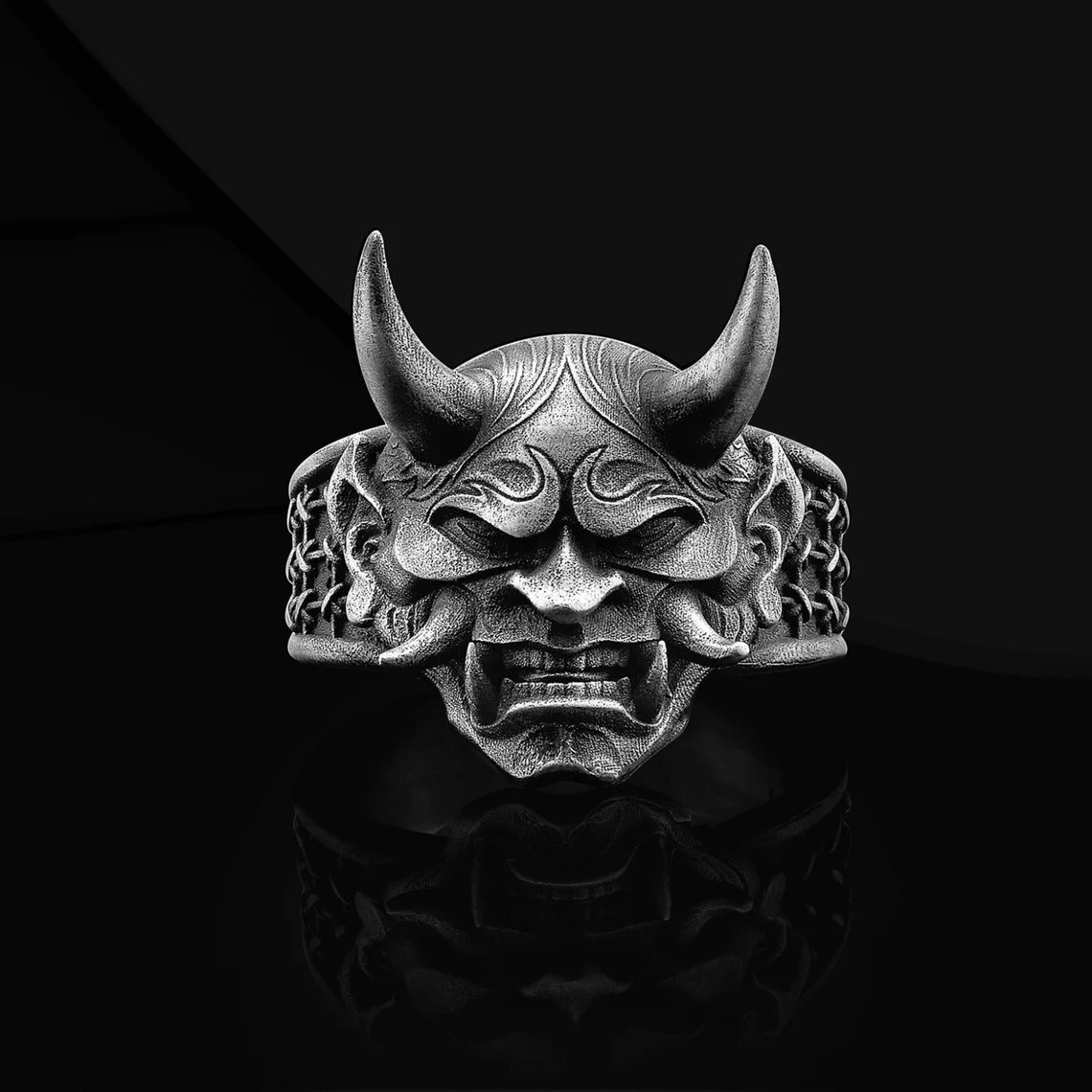 Japanese Hannya Mask Ring 925 Sterling Silver Oxidized Ring Duty Free