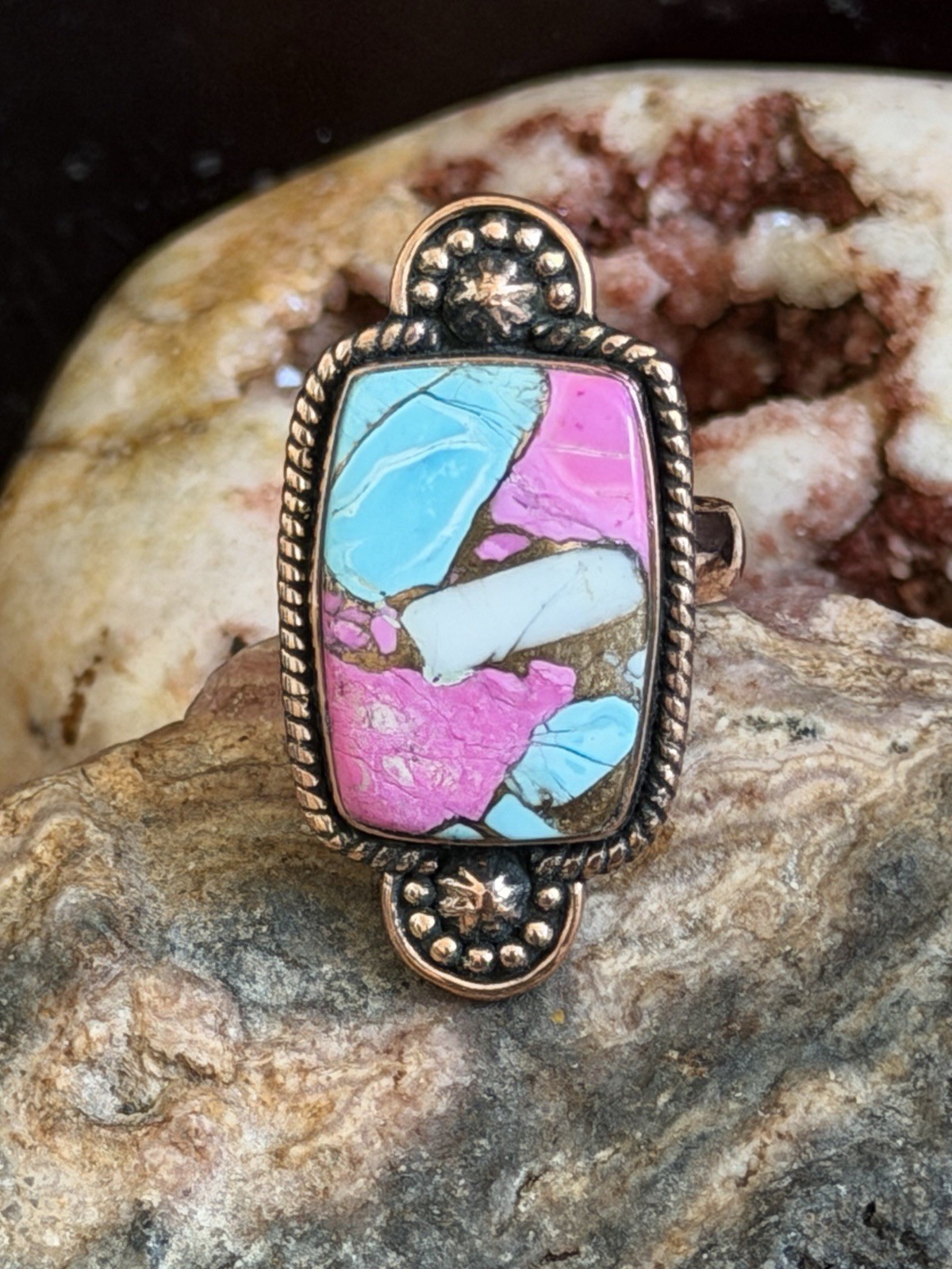 Cotton Candy Dahlia Kingman Turquoise Ring Adjustable 8-12 Southwestern