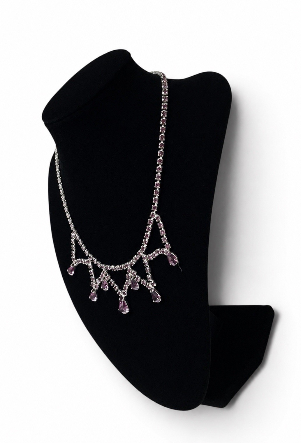 Vintage Purple Rhinestone Festoon Necklace Silver Tone Teardrop Dangle 16”