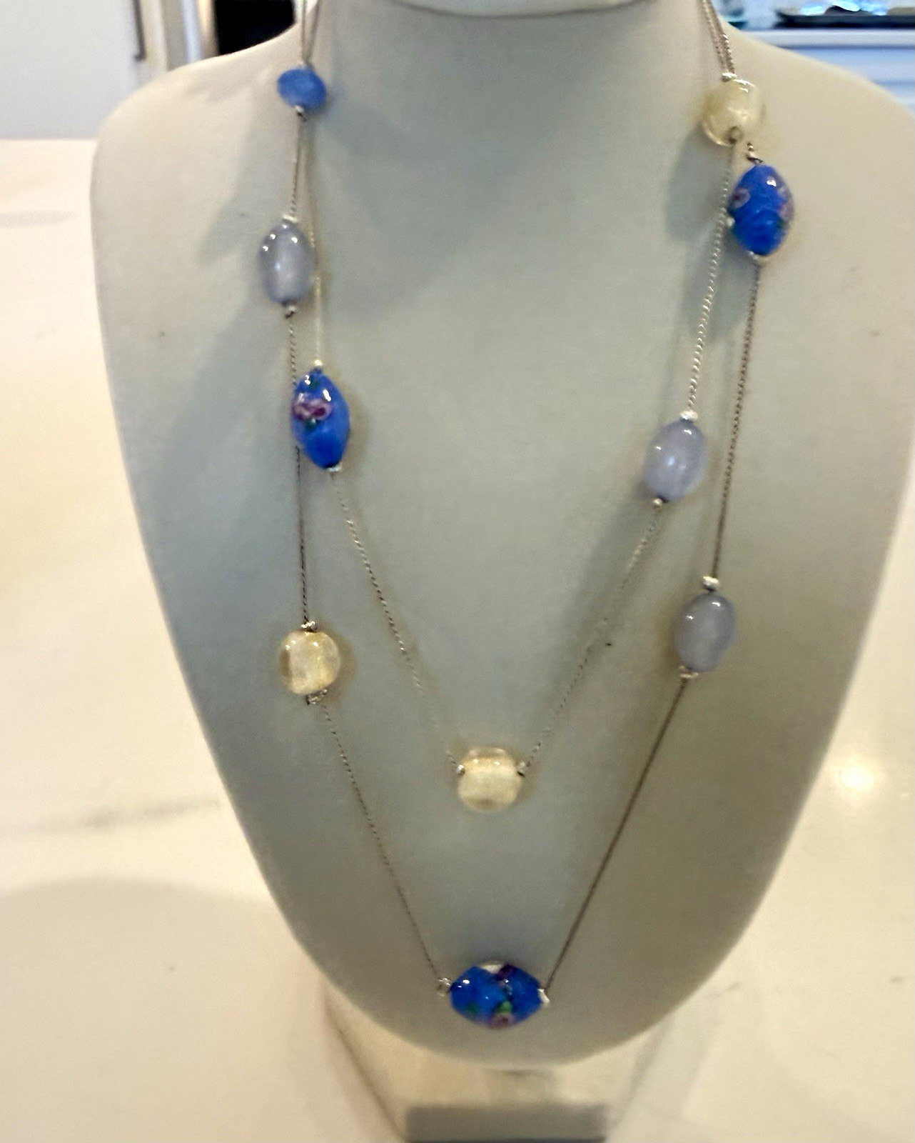 Blue Glass Oval Bezel Station Beaded Layered Cable Chain Necklace, Lobster