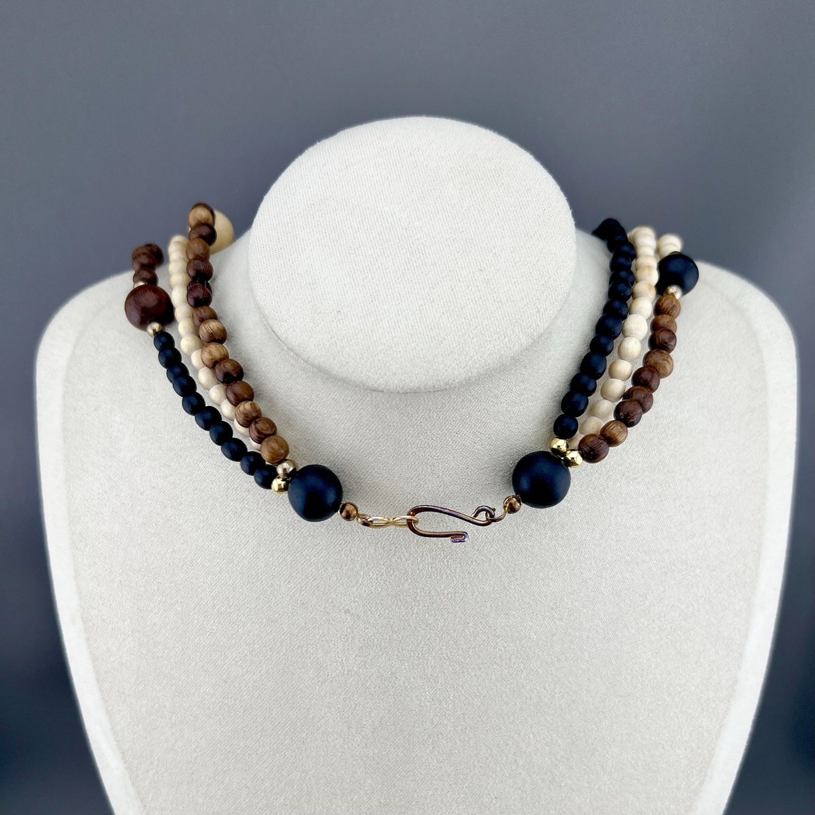 Vintage Beaded Necklace Earth Tone Boho Wood Multi Strand Statement 25”