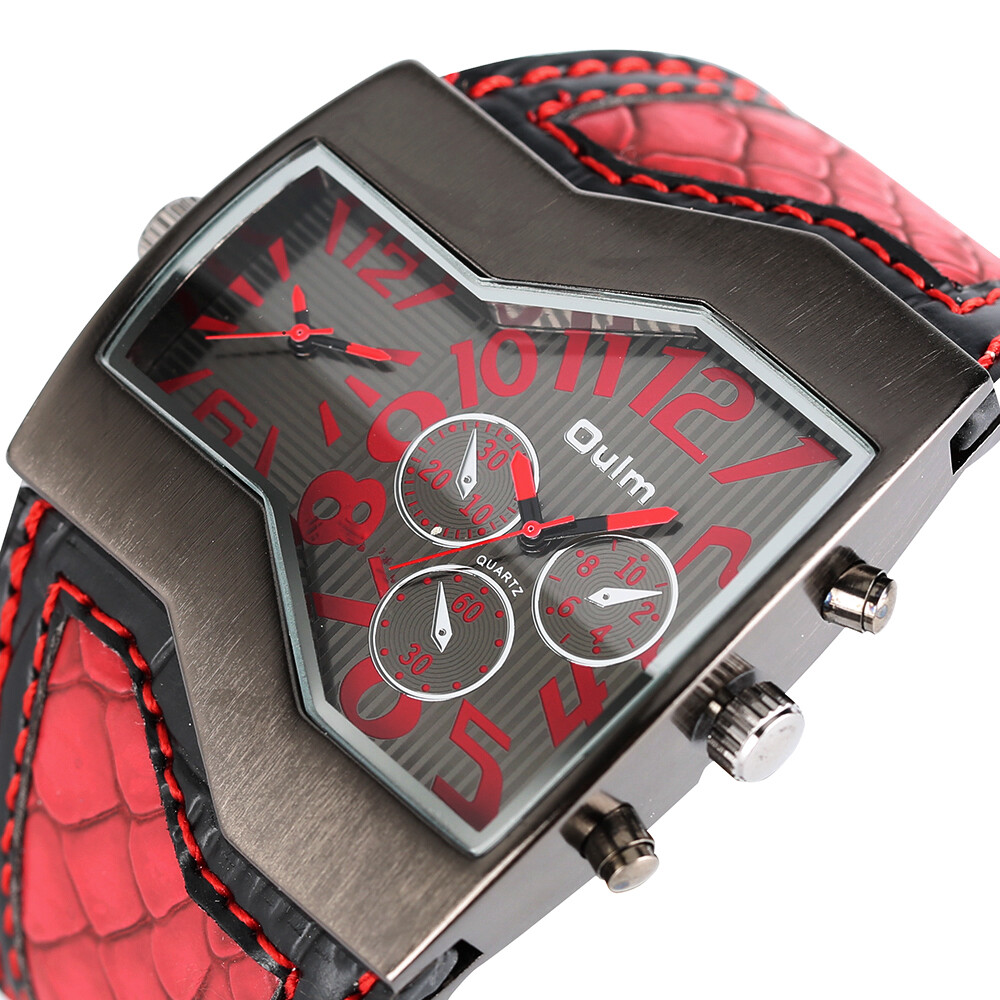 OULM Steampunk Style Two Time Zone Mens Watches PU Leather Quartz Wristwatch