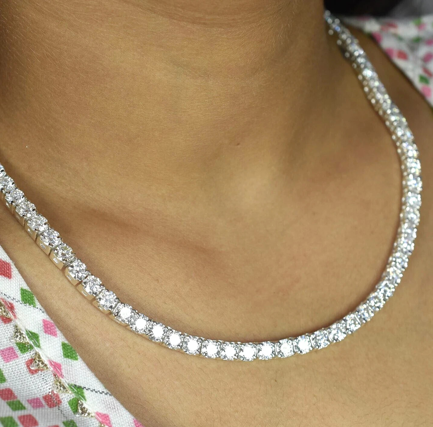 Gorgeous 18 inches White Diamond Tennis Necklace 18K White Gold Plated 4MM