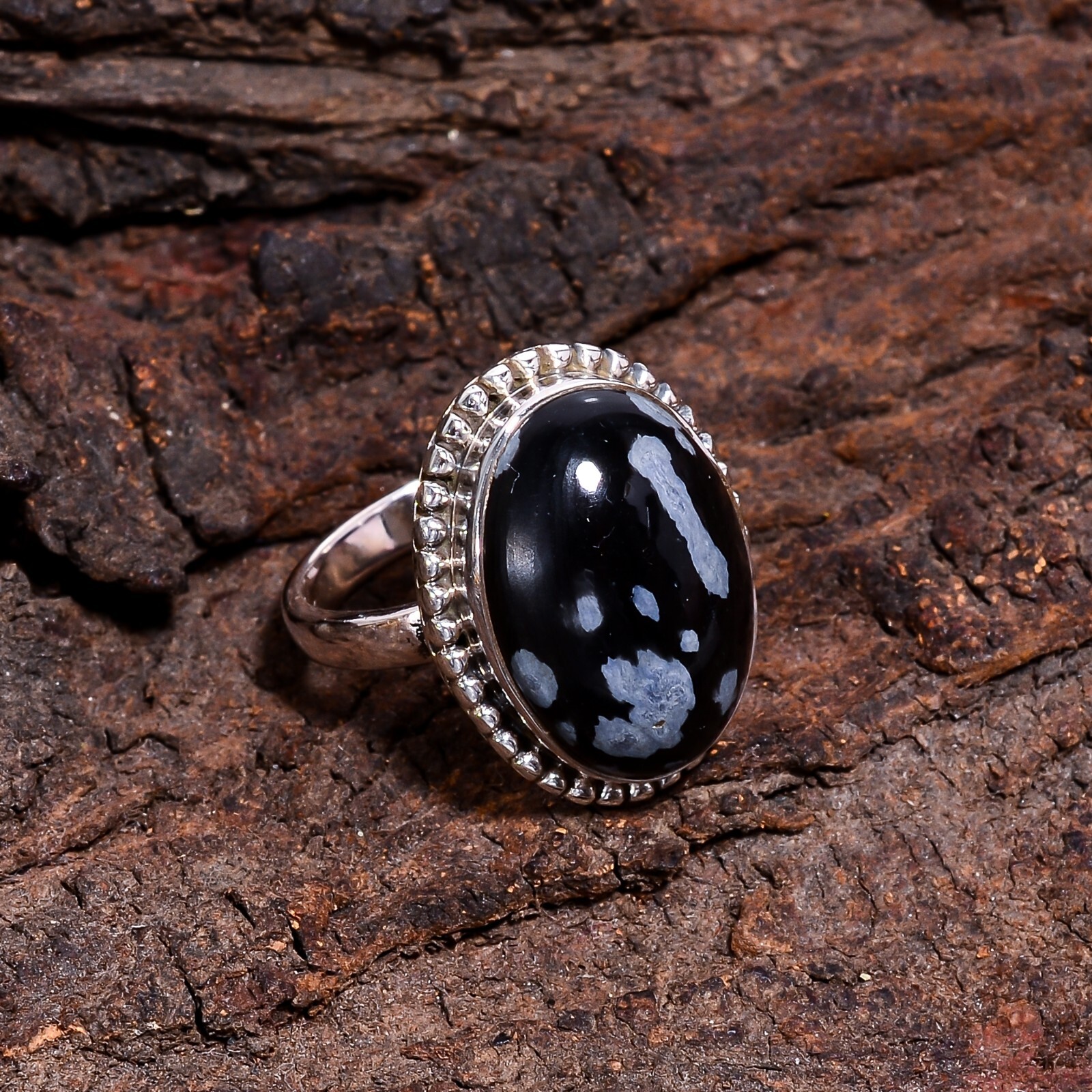 Birthday Gift For Her Snowflake Obsidian Statement Vintage Ring Size 925 Silver
