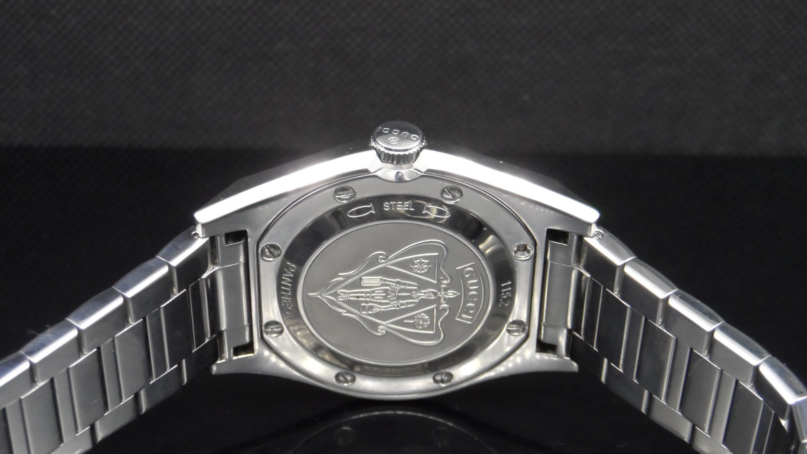 Gucci YA115209 Pantheon 115.2 Series Silver Tone Date Black Dial Men’s Watch