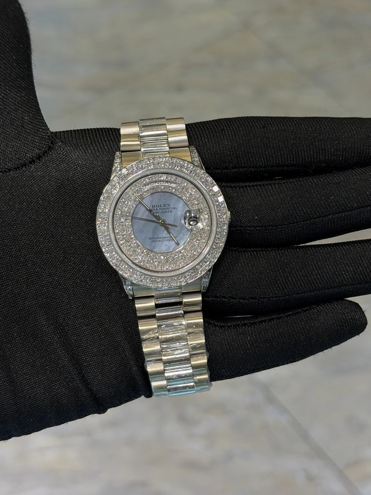 Rolex Day Date 36 Custom MOP Diamond Dial on President 18239 with Box