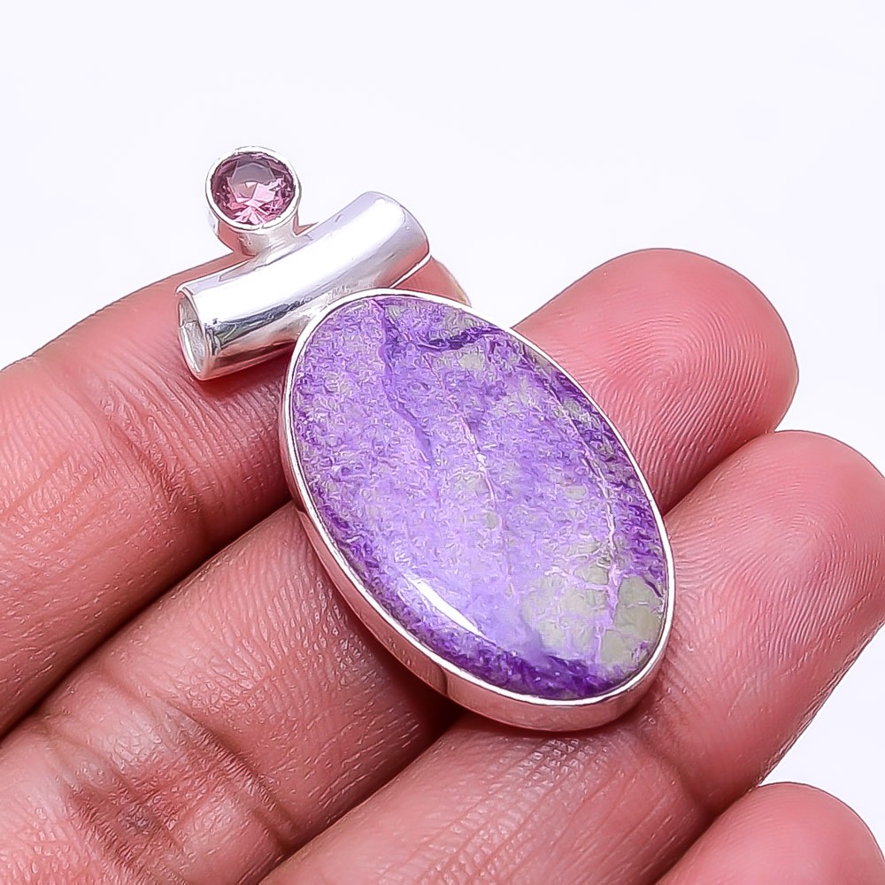Variscite In Purpurite & Pink Amethyst 925 Sterling Silver Pendant 1.64″ P50