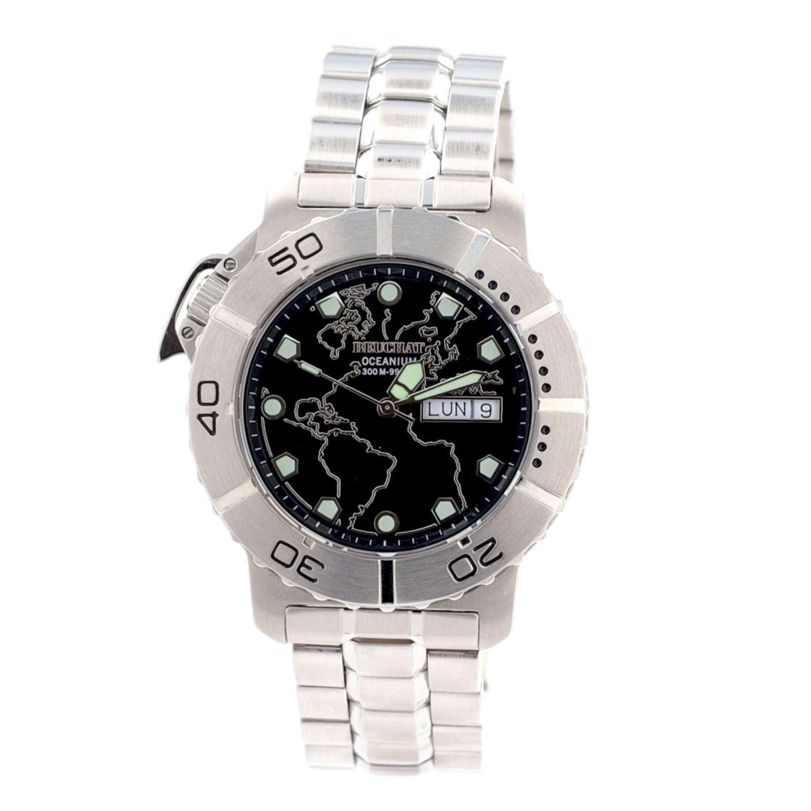 Beuchat Oceanium Mens Watch 300M Diver World Map Dial Swiss Steel Day Date