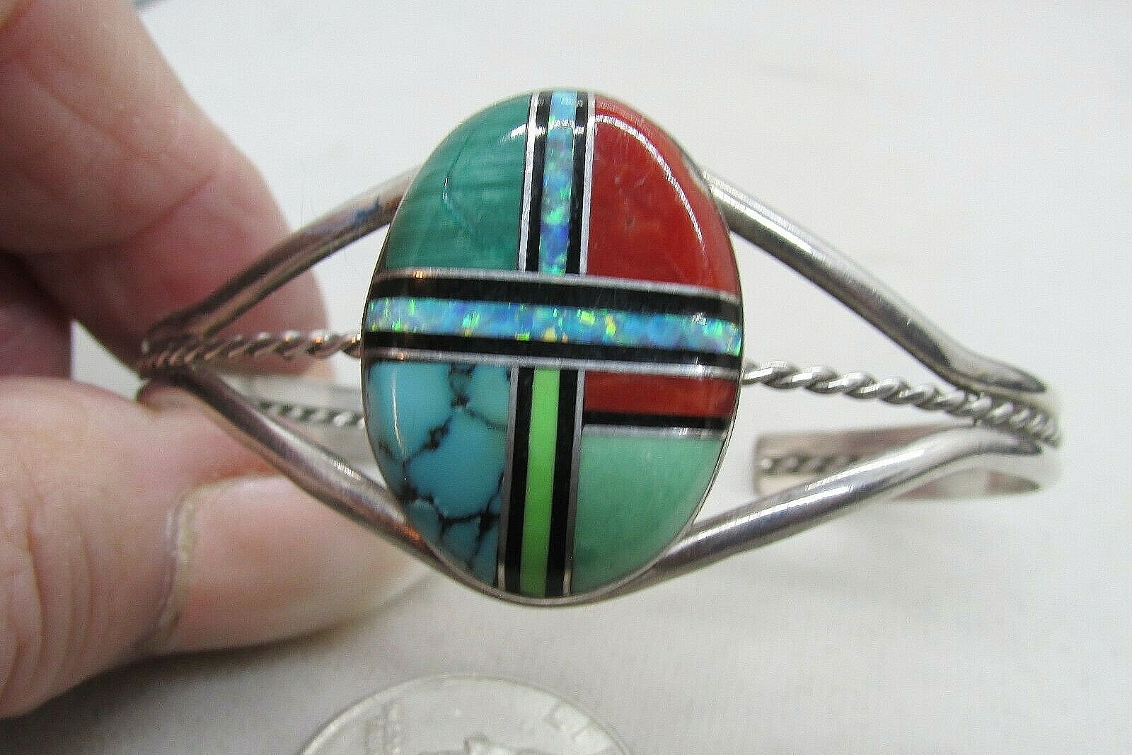 VTG SW N A INLAID CUFF W/SPINY OYSTER, TURQ, MALACHITE, & OPAL SS–NEW PRICE