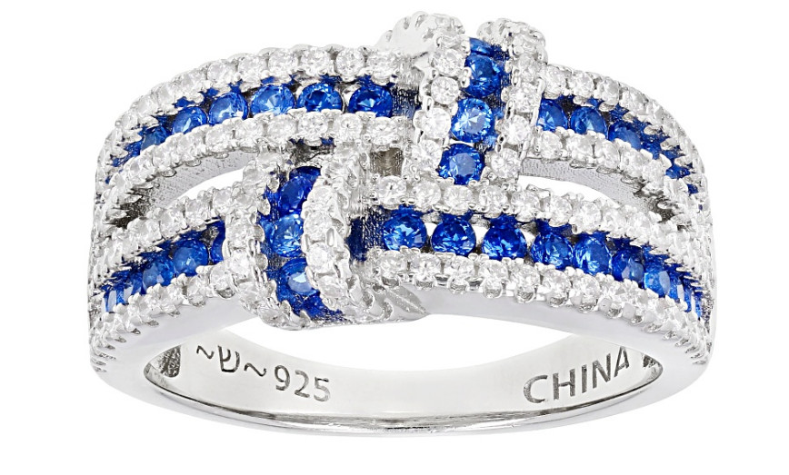 Bella Luce Blue Simulated Spinel/White CZ Rhodium Over Sterling Silver Ring Sz 9