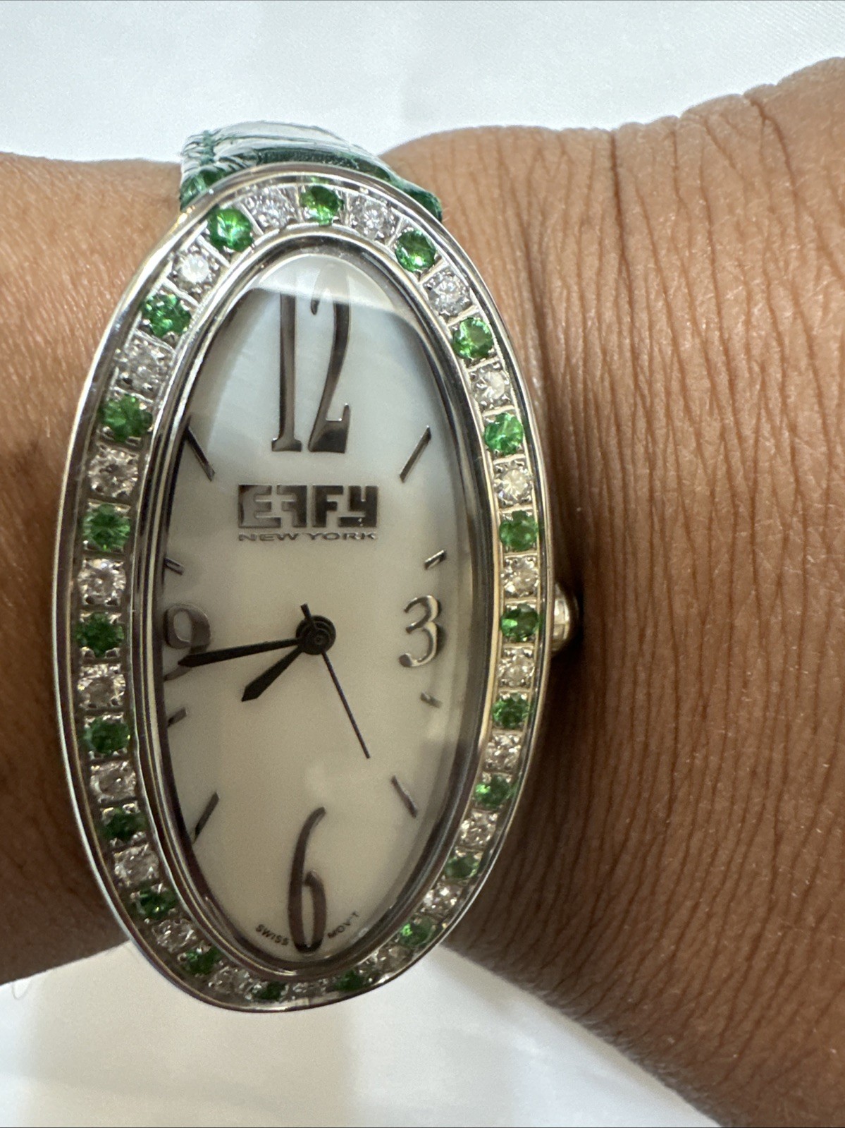 Effy Diamond & Tsavorite 1.78 Ct Swiss Quartz Ladies Watch Green Crocodile Strap